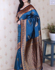 Metallic Blue Soft Silk Banarasi Peacock Zari Woven Saree