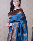 Metallic Blue Soft Silk Banarasi Peacock Zari Woven Saree