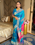 Rama Soft Silk Ikkat Patola Saree with Meenakari Motifs Peacock Pallu and Gold Zari Border