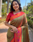 Mehendi Green Original Meenakari Muniya Paithani Silk Zari Woven Saree
