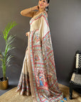 Cream Tussar Silk Madhubani Printed Saree with Zari Woven Border