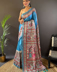 Curious Blue Tussar Silk Madhubani Printed Saree with Zari Woven Border