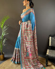 Curious Blue Tussar Silk Madhubani Printed Saree with Zari Woven Border