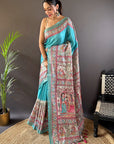 Turquoise Blue Tussar Silk Madhubani Printed Saree with Zari Woven Border