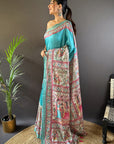 Turquoise Blue Tussar Silk Madhubani Printed Saree with Zari Woven Border