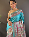 Turquoise Blue Tussar Silk Madhubani Printed Saree with Zari Woven Border
