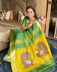 Mehendi Soft Silk Ikkat Patola Saree with Meenakari Motifs Peacock Pallu and Gold Zari Border