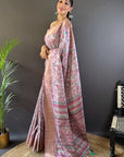 Lavender Assam Silk Kalamkari Printed Saree with Zari Woven Border