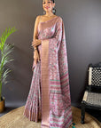 Lavender Assam Silk Kalamkari Printed Saree with Zari Woven Border