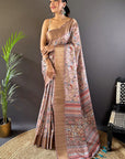 Baby Pink Assam Silk Kalamkari Printed Saree with Zari Woven Border