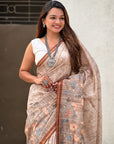 Brown Katki Silk Floral Printed Saree with Piping Border