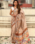 Brown Katki Silk Floral Printed Saree with Piping Border
