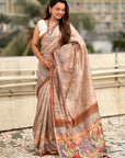 Brown Katki Silk Floral Printed Saree with Piping Border
