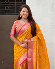 Mustard Soft Silk Zari Woven Ikkat Patola Saree with Contrast Weaves