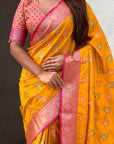 Mustard Soft Silk Zari Woven Ikkat Patola Saree with Contrast Weaves