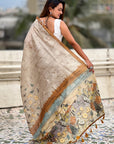 Yellow Katki Silk Floral Printed Saree with Piping Border