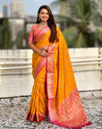 Mustard Soft Silk Zari Woven Ikkat Patola Saree with Contrast Weaves