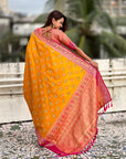 Mustard Soft Silk Zari Woven Ikkat Patola Saree with Contrast Weaves