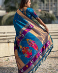 Rama Blue Zari Woven Vitthala God Special Traditional Paithani Silk Saree