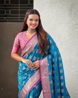Blue Soft Silk Zari Woven Ikkat Patola Saree with Contrast Weaves