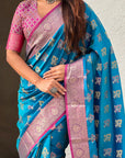 Blue Soft Silk Zari Woven Ikkat Patola Saree with Contrast Weaves