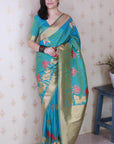 Aqua Blue Soft Silk Saree with Kamdhenu Weaves Zari Woven Saree