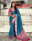 Blue Soft Silk Zari Woven Ikkat Patola Saree with Contrast Weaves