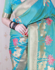 Aqua Blue Soft Silk Saree with Kamdhenu Weaves Zari Woven Saree