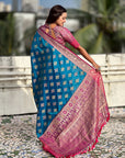 Blue Soft Silk Zari Woven Ikkat Patola Saree with Contrast Weaves
