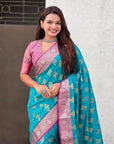 Sky Blue Soft Silk Zari Woven Ikkat Patola Saree with Contrast Weaves