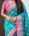Sky Blue Soft Silk Zari Woven Ikkat Patola Saree with Contrast Weaves