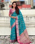 Sky Blue Soft Silk Zari Woven Ikkat Patola Saree with Contrast Weaves