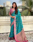 Sky Blue Soft Silk Zari Woven Ikkat Patola Saree with Contrast Weaves