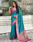 Sky Blue Soft Silk Zari Woven Ikkat Patola Saree with Contrast Weaves