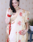 Cream Red Soft Silk Saree with Kamdhenu Weaves Zari Woven Saree
