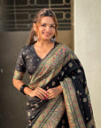 Jade Black Pashmina Kashmiri Silk Zari Woven Saree