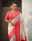 Cream Soft Silk Checks Traditional Zari Contrast Woven Saree