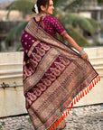 Wine Pashmina Kashmiri Silk Zari Woven Saree