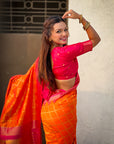 Orange Soft Silk Checks Traditional Zari Contrast Woven Saree
