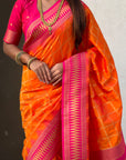 Orange Soft Silk Checks Traditional Zari Contrast Woven Saree