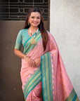 Baby Pink Soft Silk Checks Traditional Zari Contrast Woven Saree