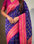 Violet Soft Silk Checks Traditional Zari Contrast Woven Saree