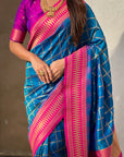 Blue Soft Silk Checks Traditional Zari Contrast Woven Saree