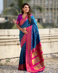 Blue Soft Silk Checks Traditional Zari Contrast Woven Saree