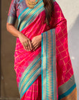 Pink Soft Silk Checks Traditional Zari Contrast Woven Saree