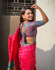 Pink Soft Silk Checks Traditional Zari Contrast Woven Saree