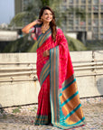 Pink Soft Silk Checks Traditional Zari Contrast Woven Saree
