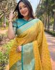 Yellow Kanchipuram Tissue Silk Traditional Zari Woven Saree