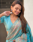 Sky Blue Pashmina Kashmiri Silk Zari Woven Saree
