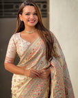Cream Pashmina Kashmiri Silk Zari Woven Saree